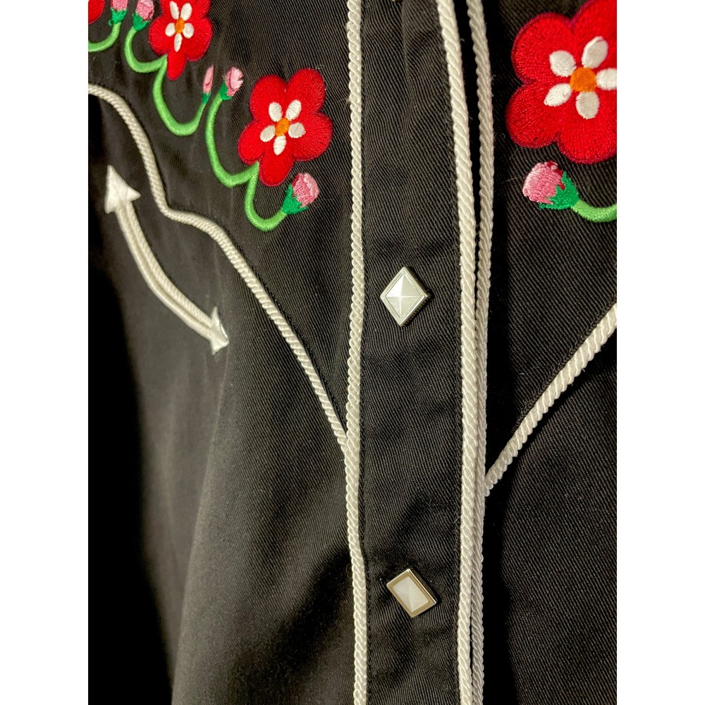Vtg 70s Panhandle Slim Mens L Black Western Shirt Rodeo Cowboy Happy Pearl Snaps - Picture 7 of 16